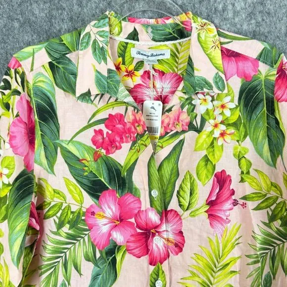Tommy Bahama Linen Grand Villa L/S Shirt Malibu Peach Hibiscus Orchids NWT $128